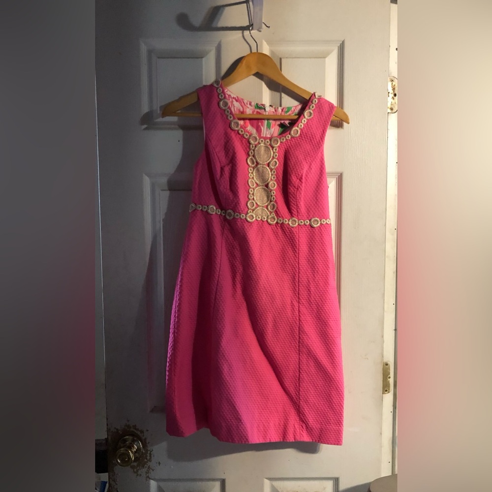 Lilly Pulitzer Coral Pink Strapless Dress with Gold Trim